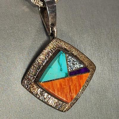LOT 36:: Vintage Beautiful Inlaid Turquoise and other gemstones Pendant/Brooch with removable Bail and a thick 18"L Chain 925 Italy