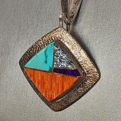 LOT 36:: Vintage Beautiful Inlaid Turquoise and other gemstones Pendant/Brooch with removable Bail and a thick 18"L Chain 925 Italy