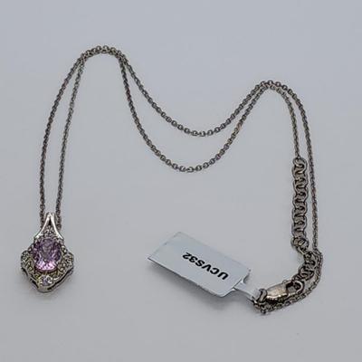LOT 37:: Beautiful New in Box Sterling Silver Pink Fluorite Pendant Necklace 18-20" L chain