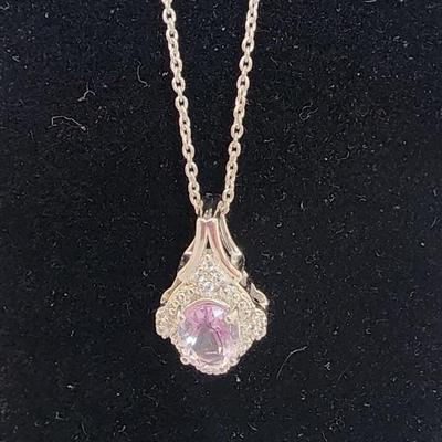 LOT 37:: Beautiful New in Box Sterling Silver Pink Fluorite Pendant Necklace 18-20" L chain