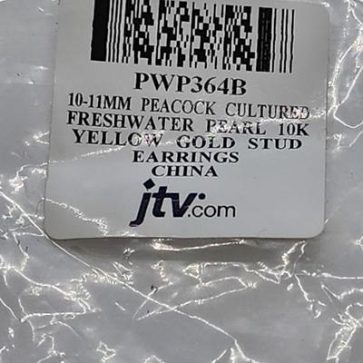 LOT 81:: 10k gold 10-11mm BIG AND BEAUTIFUL PEACOCK CULTURED FRESHWATER PEARL STUD EARRINGS IN 10K YELLOW GOLD- New!