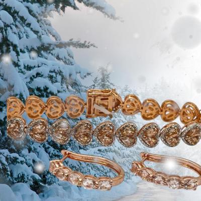 LOT 83:: New! GORGEOUS! Morganite and Diamond Heart Shaped Tennis Bracelet and Matching Earrings in oval cut Morganites set in Rose Gold...