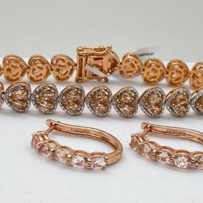 LOT 83:: New! GORGEOUS! Morganite and Diamond Heart Shaped Tennis Bracelet and Matching Earrings in oval cut Morganites set in Rose Gold...