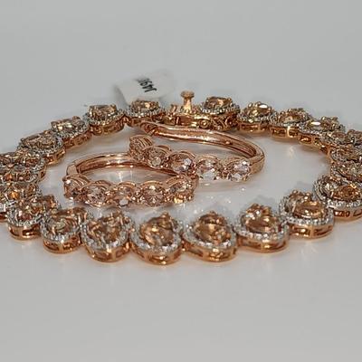LOT 83:: New! GORGEOUS! Morganite and Diamond Heart Shaped Tennis Bracelet and Matching Earrings in oval cut Morganites set in Rose Gold...