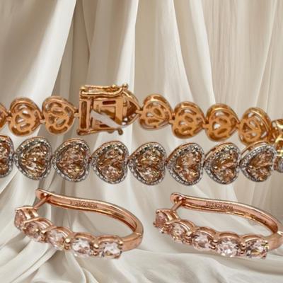 LOT 83:: New! GORGEOUS! Morganite and Diamond Heart Shaped Tennis Bracelet and Matching Earrings in oval cut Morganites set in Rose Gold...