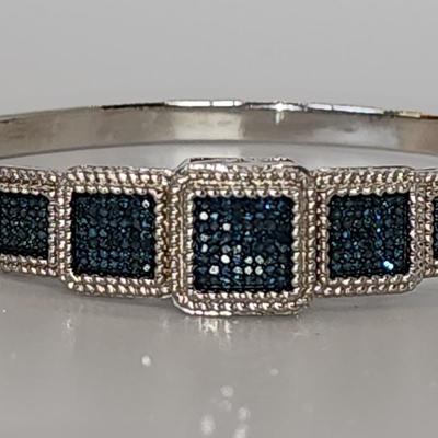 LOT 84:: STUNNING! NEW! Sterling Silver Hinged Blue Diamond Bangle Bracelet