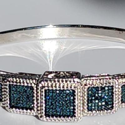 LOT 84:: STUNNING! NEW! Sterling Silver Hinged Blue Diamond Bangle Bracelet
