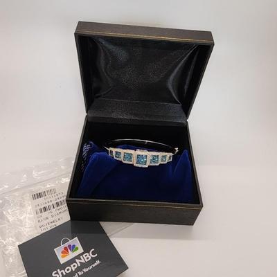 LOT 84:: STUNNING! NEW! Sterling Silver Hinged Blue Diamond Bangle Bracelet
