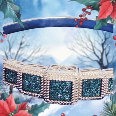 LOT 84:: STUNNING! NEW! Sterling Silver Hinged Blue Diamond Bangle Bracelet