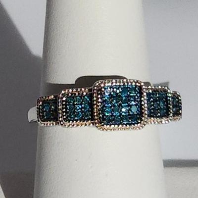 LOT 85:: NEW! STUNNING! Sterling Silver Blue Diamond Size 8 Ring