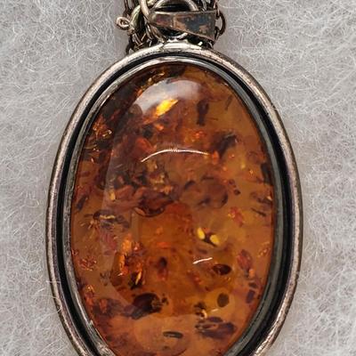 LOT 86:: New, Old Stock- Vintage Sterling Silver Amber Pendant Necklace 24" L-- still had tag from store still on it!