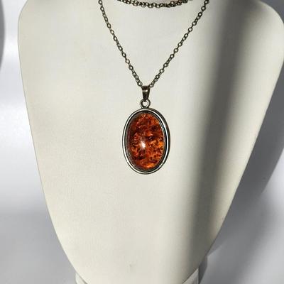 LOT 86:: New, Old Stock- Vintage Sterling Silver Amber Pendant Necklace 24" L-- still had tag from store still on it!