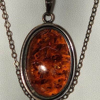 LOT 86:: New, Old Stock- Vintage Sterling Silver Amber Pendant Necklace 24" L-- still had tag from store still on it!