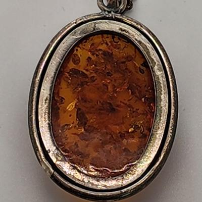 LOT 86:: New, Old Stock- Vintage Sterling Silver Amber Pendant Necklace 24" L-- still had tag from store still on it!