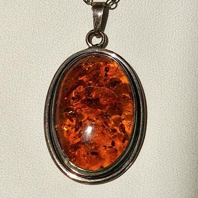 LOT 86:: New, Old Stock- Vintage Sterling Silver Amber Pendant Necklace 24" L-- still had tag from store still on it!