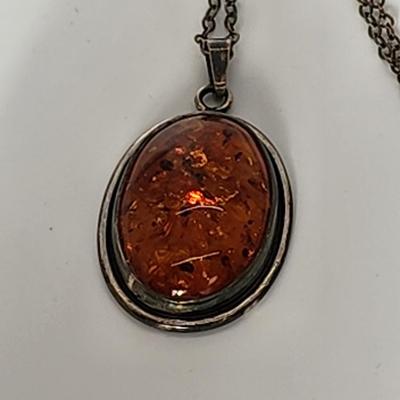 LOT 86:: New, Old Stock- Vintage Sterling Silver Amber Pendant Necklace 24" L-- still had tag from store still on it!