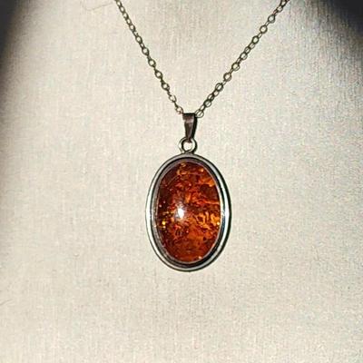 LOT 86:: New, Old Stock- Vintage Sterling Silver Amber Pendant Necklace 24" L-- still had tag from store still on it!