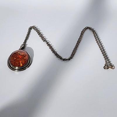 LOT 86:: New, Old Stock- Vintage Sterling Silver Amber Pendant Necklace 24" L-- still had tag from store still on it!