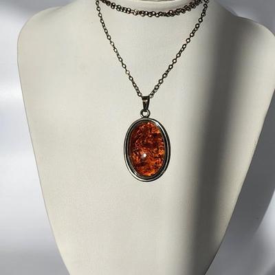 LOT 86:: New, Old Stock- Vintage Sterling Silver Amber Pendant Necklace 24" L-- still had tag from store still on it!