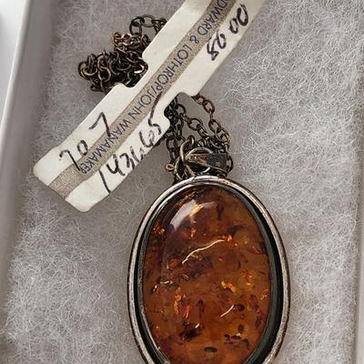 LOT 86:: New, Old Stock- Vintage Sterling Silver Amber Pendant Necklace 24" L-- still had tag from store still on it!