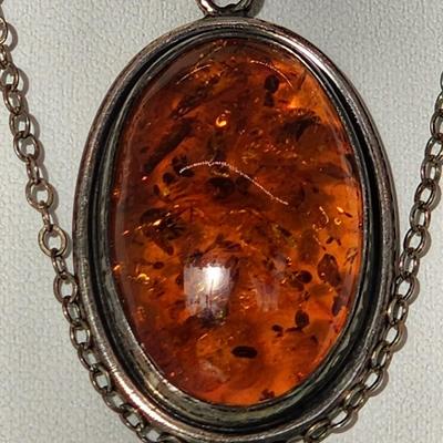 LOT 86:: New, Old Stock- Vintage Sterling Silver Amber Pendant Necklace 24" L-- still had tag from store still on it!