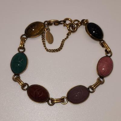 LOT 88:: Vintage RUSSEL 1/20 12k Gold Filled Gemstone Scarab Bracelet w/Saftey chain 7.5"L