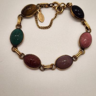 LOT 88:: Vintage RUSSEL 1/20 12k Gold Filled Gemstone Scarab Bracelet w/Saftey chain 7.5"L