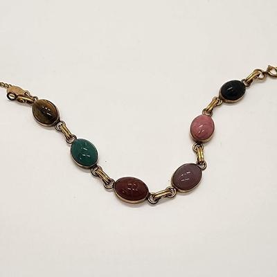 LOT 88:: Vintage RUSSEL 1/20 12k Gold Filled Gemstone Scarab Bracelet w/Saftey chain 7.5"L