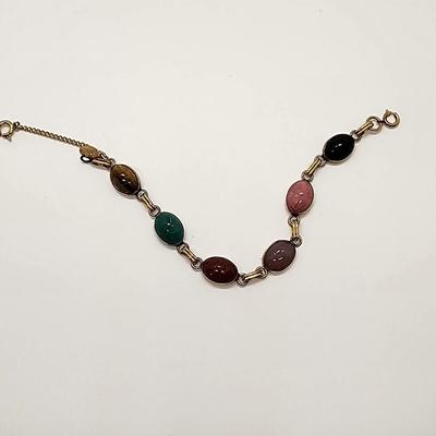 LOT 88:: Vintage RUSSEL 1/20 12k Gold Filled Gemstone Scarab Bracelet w/Saftey chain 7.5"L