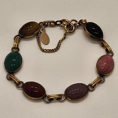 LOT 88:: Vintage RUSSEL 1/20 12k Gold Filled Gemstone Scarab Bracelet w/Saftey chain 7.5"L