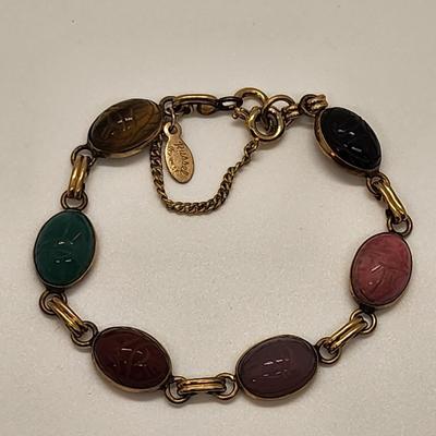 LOT 88:: Vintage RUSSEL 1/20 12k Gold Filled Gemstone Scarab Bracelet w/Saftey chain 7.5"L