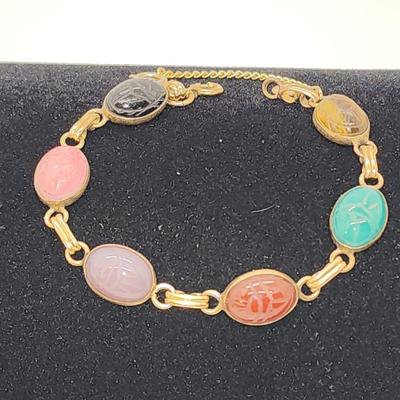 LOT 88:: Vintage RUSSEL 1/20 12k Gold Filled Gemstone Scarab Bracelet w/Saftey chain 7.5"L