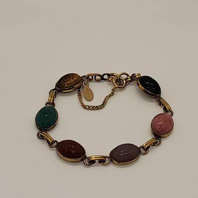 LOT 88:: Vintage RUSSEL 1/20 12k Gold Filled Gemstone Scarab Bracelet w/Saftey chain 7.5"L