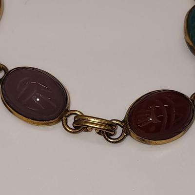 LOT 88:: Vintage RUSSEL 1/20 12k Gold Filled Gemstone Scarab Bracelet w/Saftey chain 7.5"L