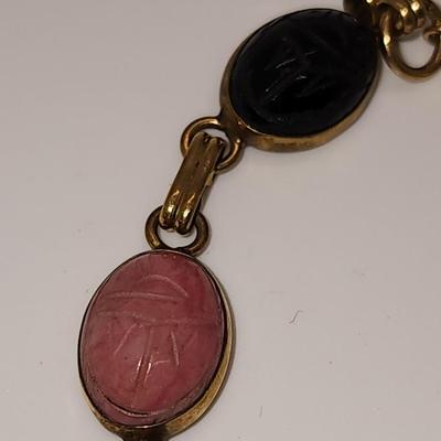 LOT 88:: Vintage RUSSEL 1/20 12k Gold Filled Gemstone Scarab Bracelet w/Saftey chain 7.5"L