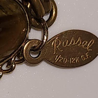 LOT 88:: Vintage RUSSEL 1/20 12k Gold Filled Gemstone Scarab Bracelet w/Saftey chain 7.5"L