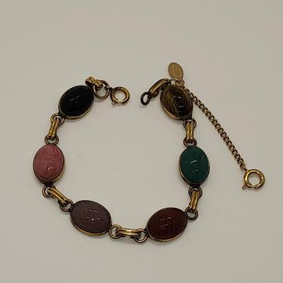 LOT 88:: Vintage RUSSEL 1/20 12k Gold Filled Gemstone Scarab Bracelet w/Saftey chain 7.5"L