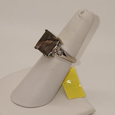 LOT 89:: New! Rainforest Jasper White Topaz Ring Platinum over Sterling sz. 6