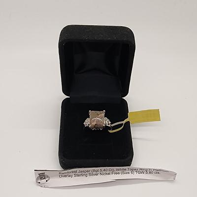 LOT 89:: New! Rainforest Jasper White Topaz Ring Platinum over Sterling sz. 6