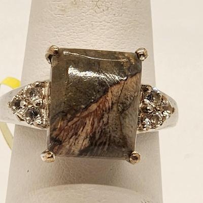LOT 89:: New! Rainforest Jasper White Topaz Ring Platinum over Sterling sz. 6