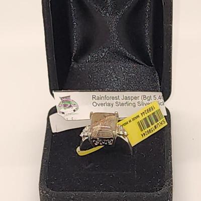 LOT 89:: New! Rainforest Jasper White Topaz Ring Platinum over Sterling sz. 6