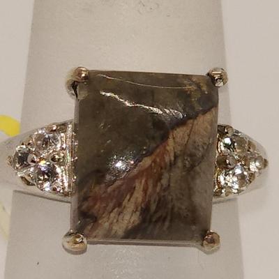 LOT 89:: New! Rainforest Jasper White Topaz Ring Platinum over Sterling sz. 6