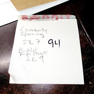 LOT 94:: Vintage Ring LOT - Siverplate- Community spoon ring sz 7, Brutalist Purple stones sz 9 and rest Stretch