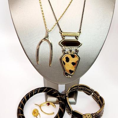 LOT 95:: Two 30" L Necklaces, Two Bracelets and 2 pins featuring Silpada KR "Go Wild" Crystal, Brass, Cowhide Pendant...