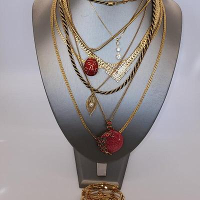 LOT:: Fashion Necklaces and a long gold tone wrap bracelet, featuring Trifari Chain and more