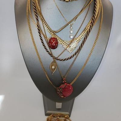 LOT:: Fashion Necklaces and a long gold tone wrap bracelet, featuring Trifari Chain and more