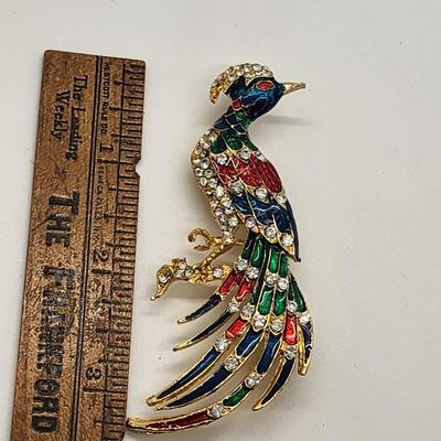 LOT 103:: Huge Goldtone Bird Of Paradise Brooch Pin Rhinestones Enamel Red Blue Green