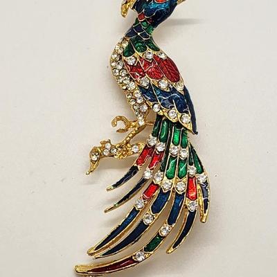 LOT 103:: Huge Goldtone Bird Of Paradise Brooch Pin Rhinestones Enamel Red Blue Green