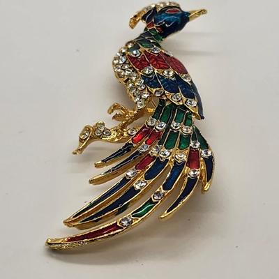 LOT 103:: Huge Goldtone Bird Of Paradise Brooch Pin Rhinestones Enamel Red Blue Green