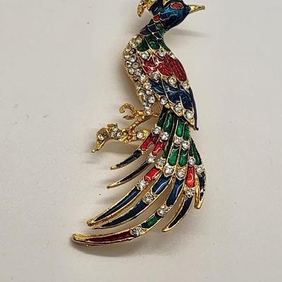 LOT 103:: Huge Goldtone Bird Of Paradise Brooch Pin Rhinestones Enamel Red Blue Green